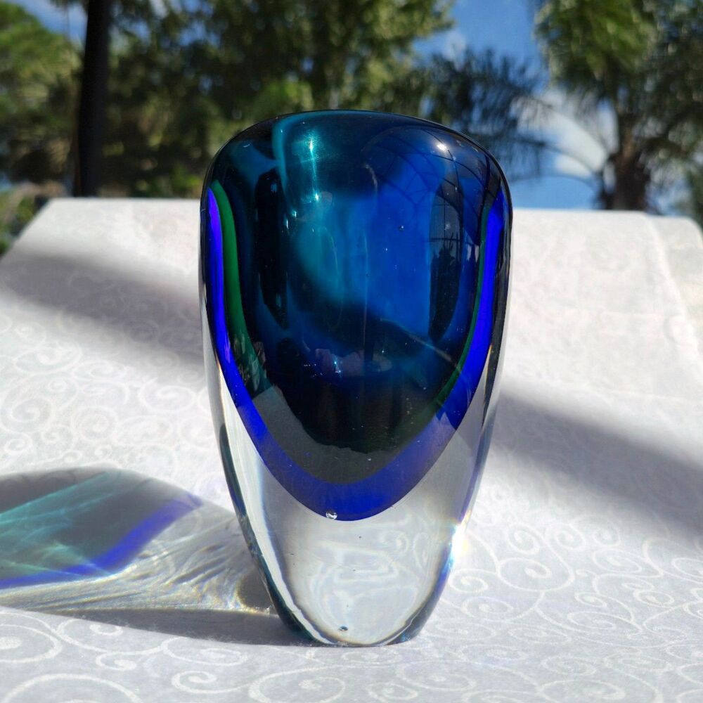 Vintage Murano Sommerso Cobalt Blue Green Cased Art Glass Vase